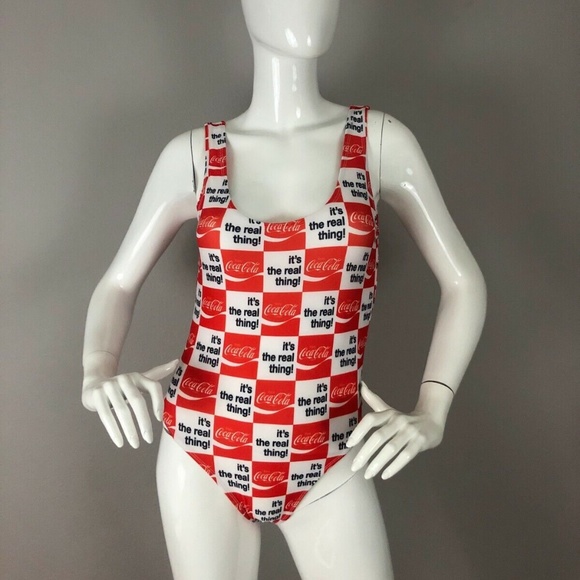 NEW COCA COLA RED & WHITE GRAPHIC ONE-PIECE STRETCH SWIMSUIT Size Small - Picture 1 of 4